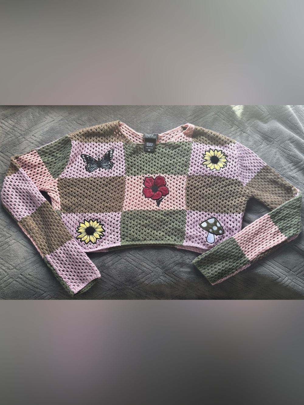 Patchwork Crochet Crop Top with Floral & Nature Patches - Pink & Green